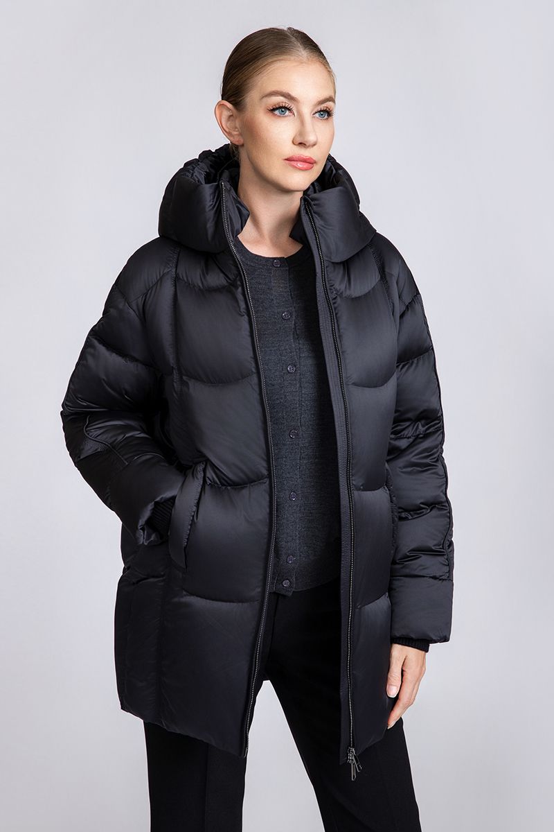 Women's Mid-Length Box Quilted 90% Duck Down Hooded Jacket