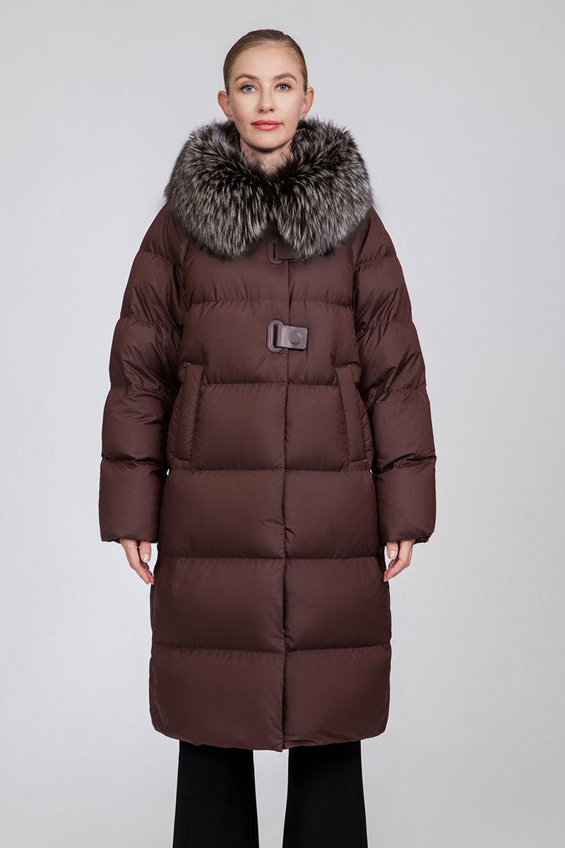 Women's Long Straight Down Coat with Removable Fur Collar