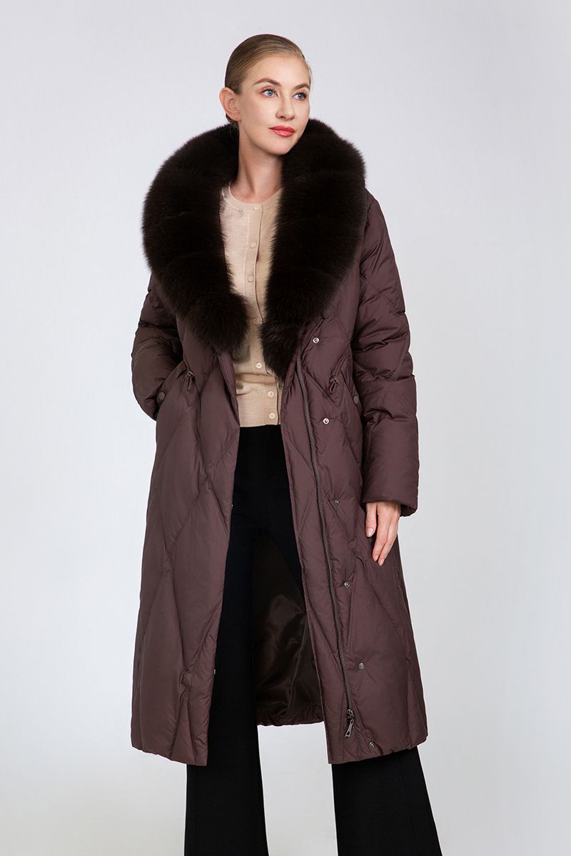 Women's Long Quilted Down Coat with Fur Collar