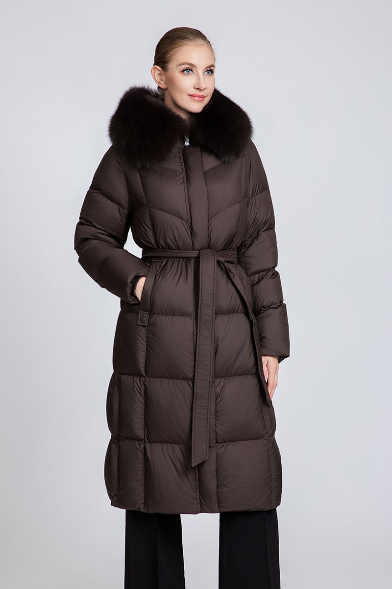 Women's Long Down Coat with Removable Fur Collar & Belt