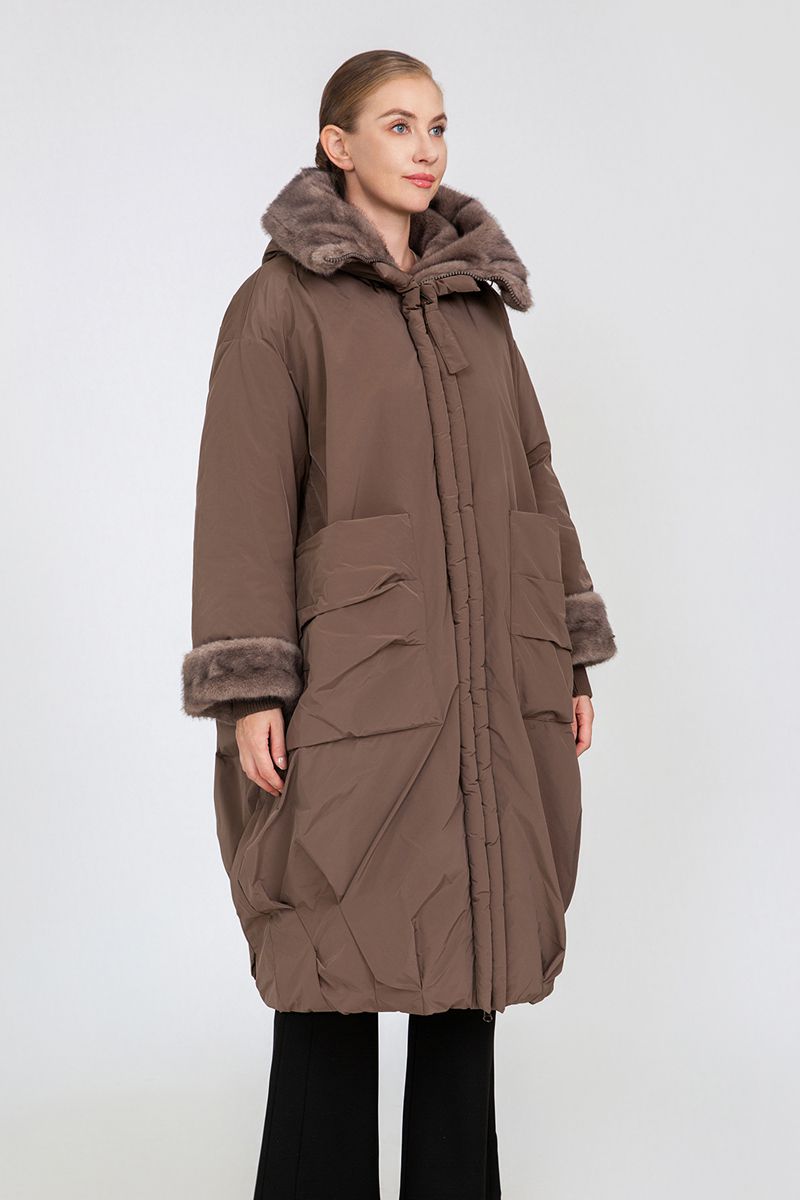 Women's Oversized Long Padded Coat with Faux Mink Fur Trim