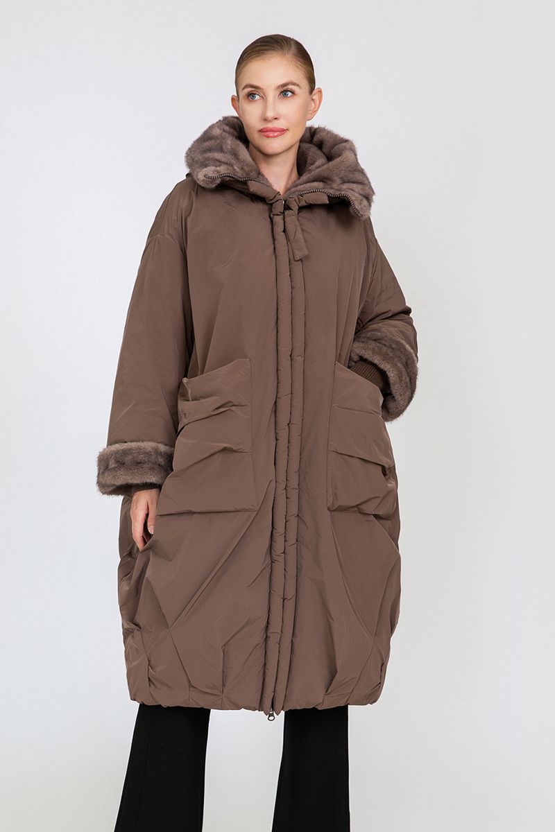 Women's Oversized Long Padded Coat with Faux Mink Fur Trim