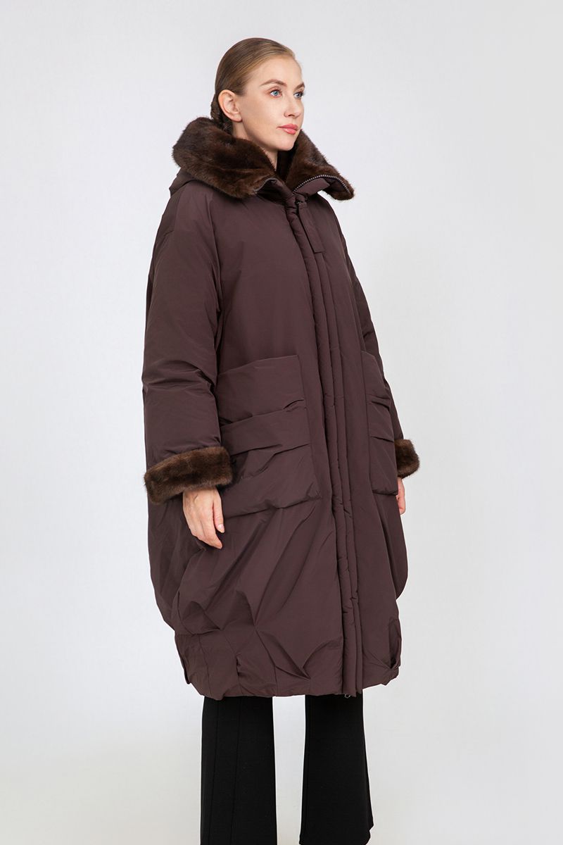 Women's Oversized Long Padded Coat with Faux Mink Fur Trim