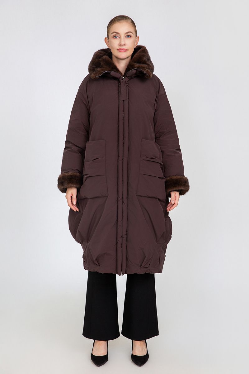 Women's Oversized Long Padded Coat with Faux Mink Fur Trim