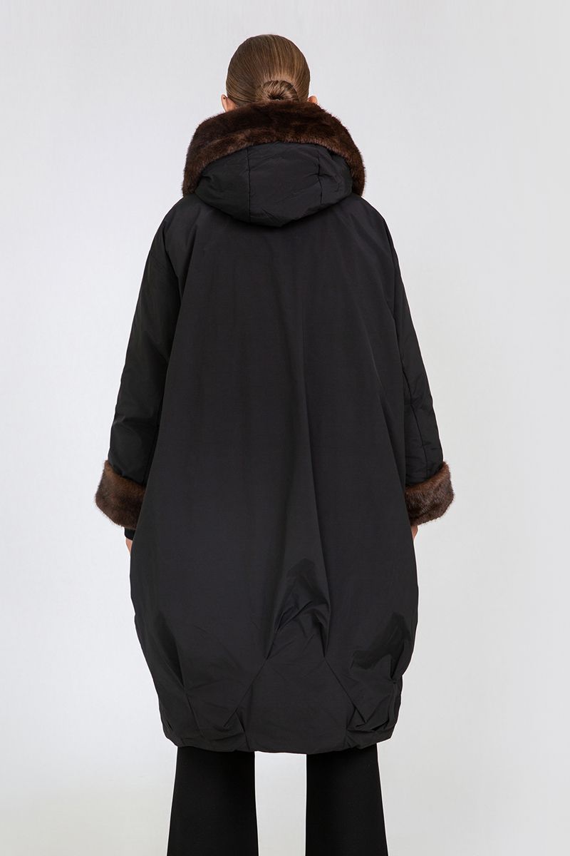 Women's Oversized Long Padded Coat with Faux Mink Fur Trim