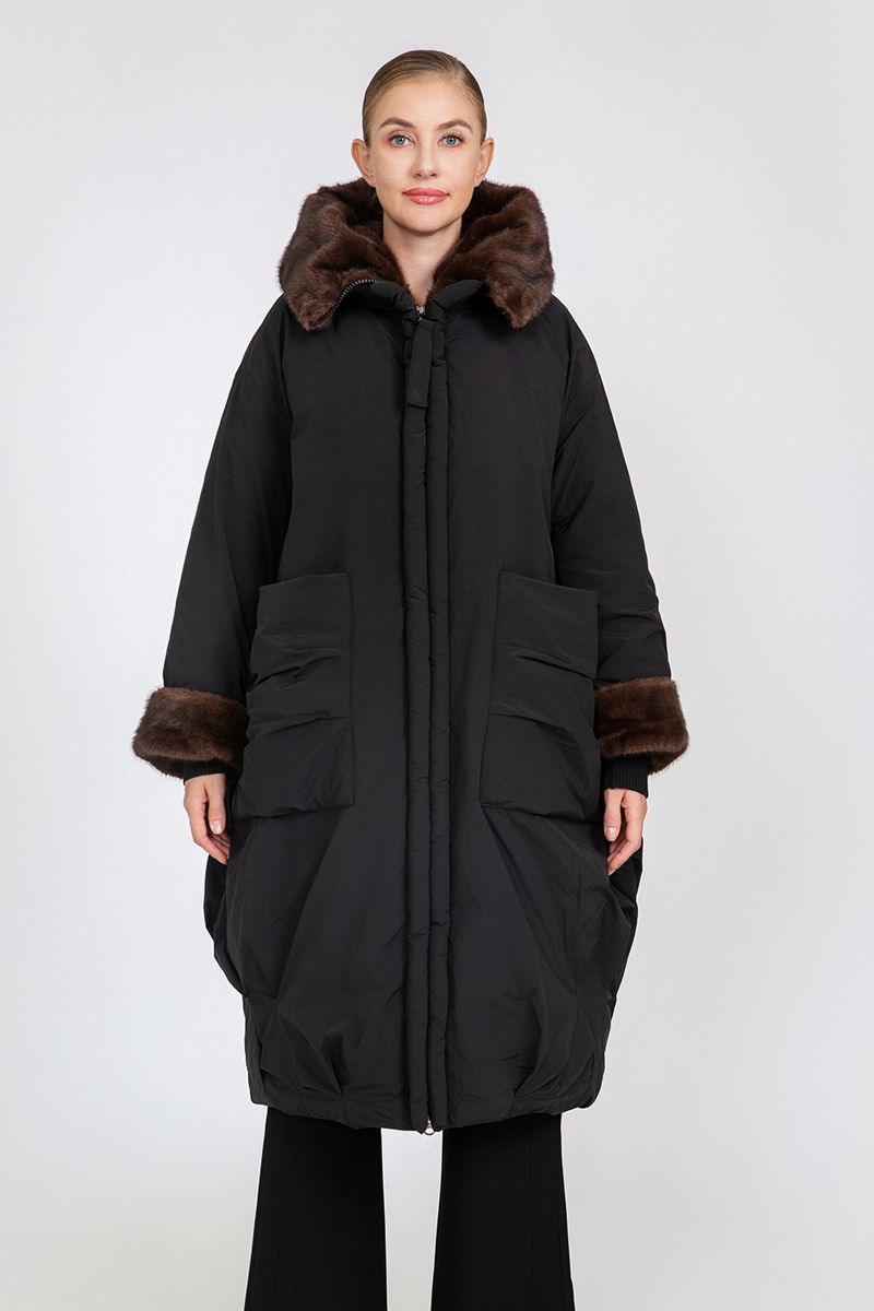 Women's Oversized Long Padded Coat with Faux Mink Fur Trim