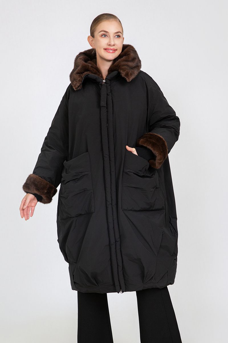 Women's Oversized Long Padded Coat with Faux Mink Fur Trim
