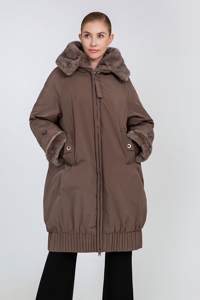 Women's Oversized Mid-Length Padded Coat with Faux Mink Fur Collar