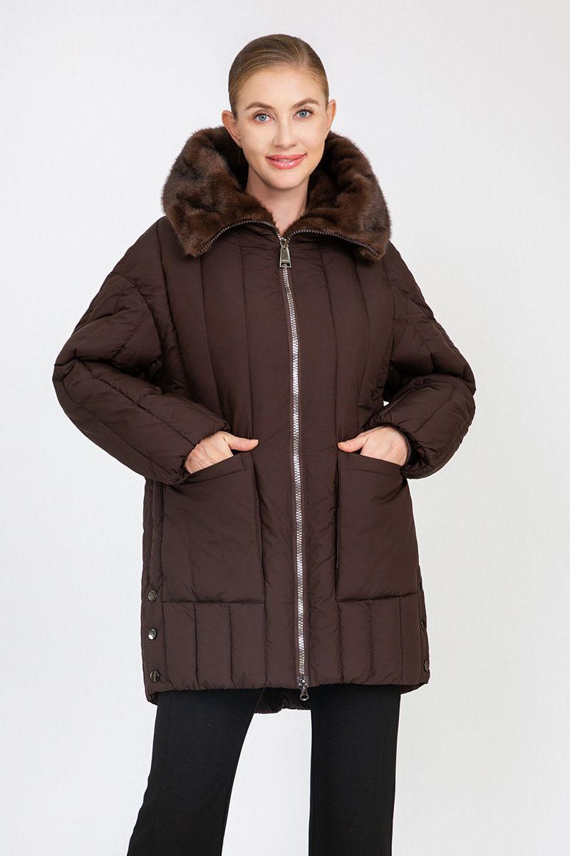 Women's Vertical-Quilted Mid-Length Padded Coat with Faux Mink Fur Collar