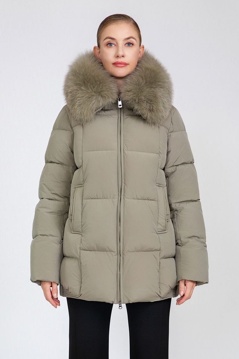 Women's Mid-Length Padded Coat with Removable Fox Fur Collar