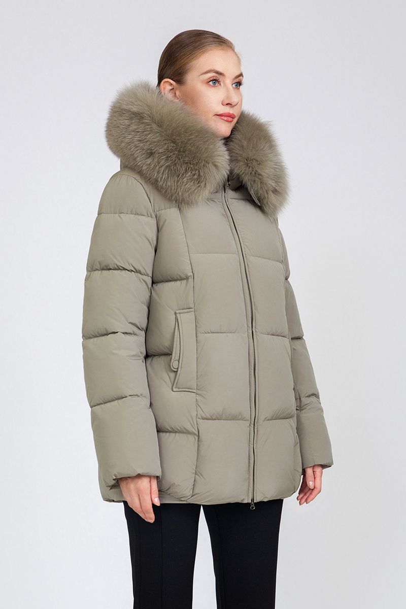 Women's Mid-Length Padded Coat with Removable Fox Fur Collar