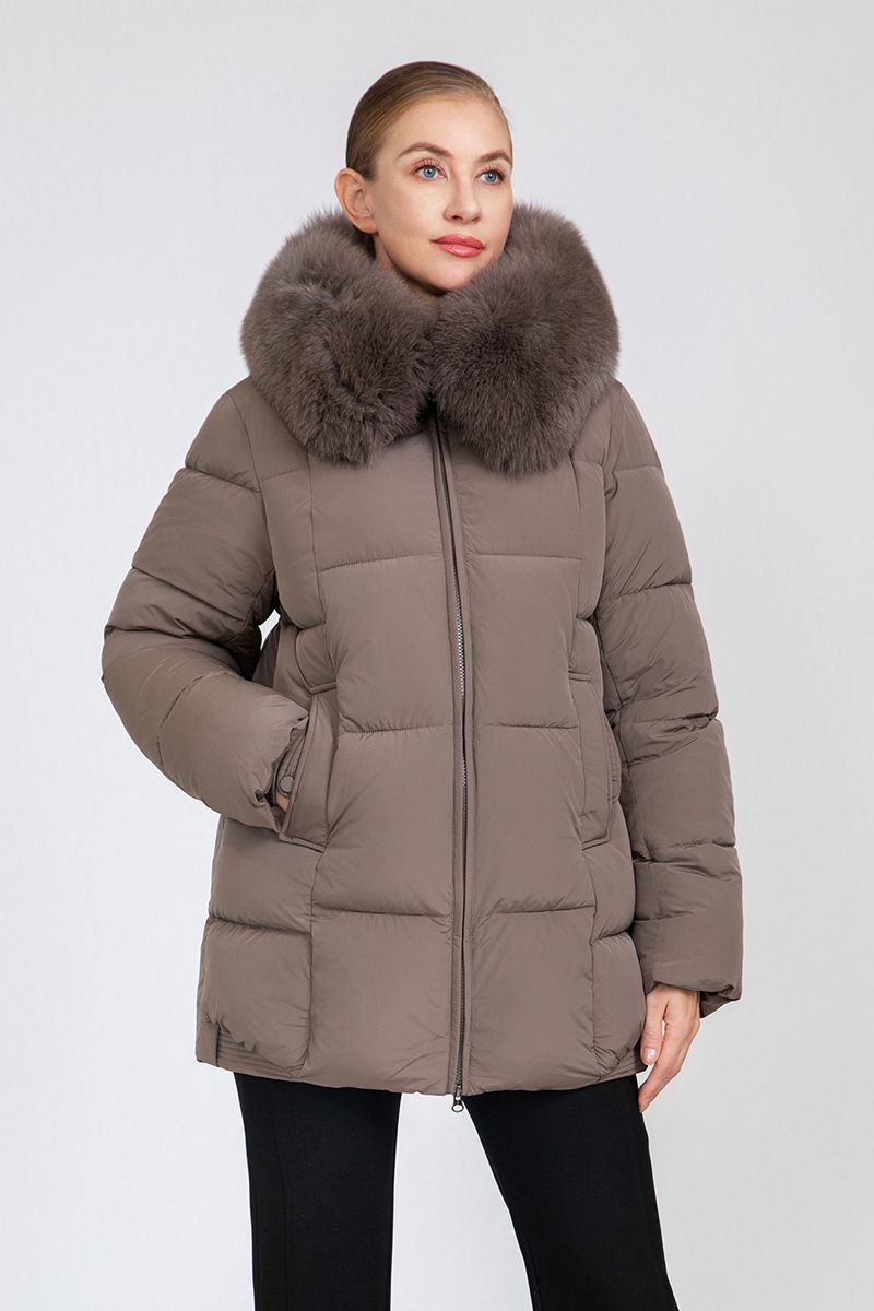 Women's Mid-Length Padded Coat with Removable Fox Fur Collar