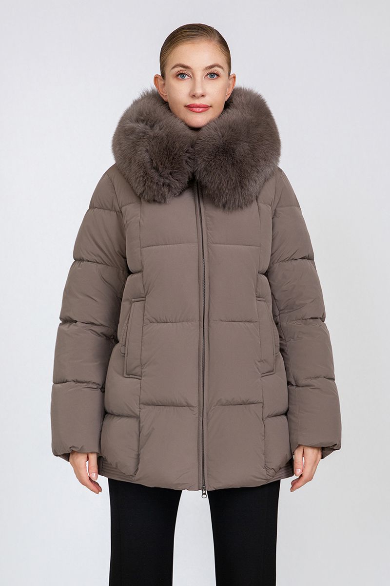 Women's Mid-Length Padded Coat with Removable Fox Fur Collar