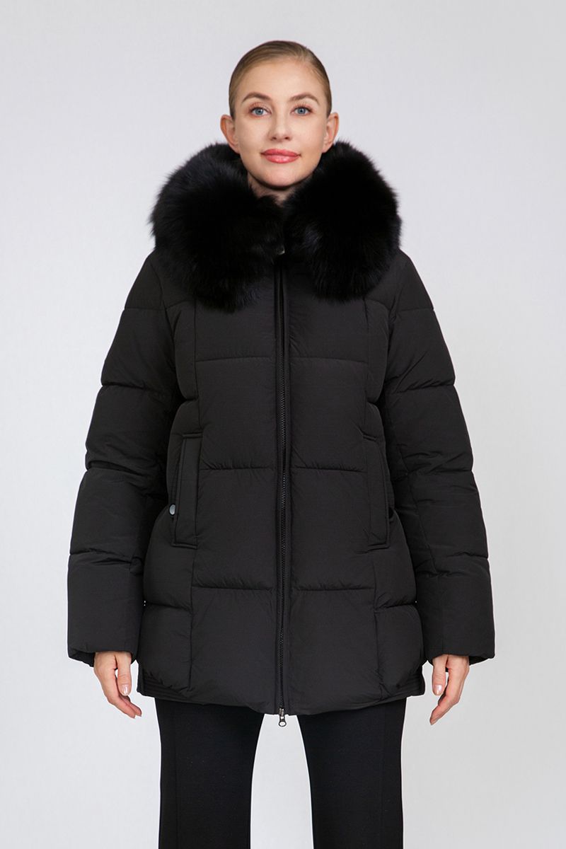 Women's Mid-Length Padded Coat with Removable Fox Fur Collar