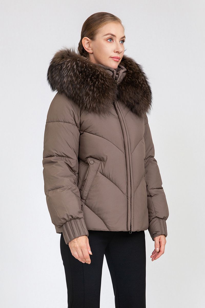 Women's Chevron-Quilted Short Padded Jacket with Removable Fur Collar