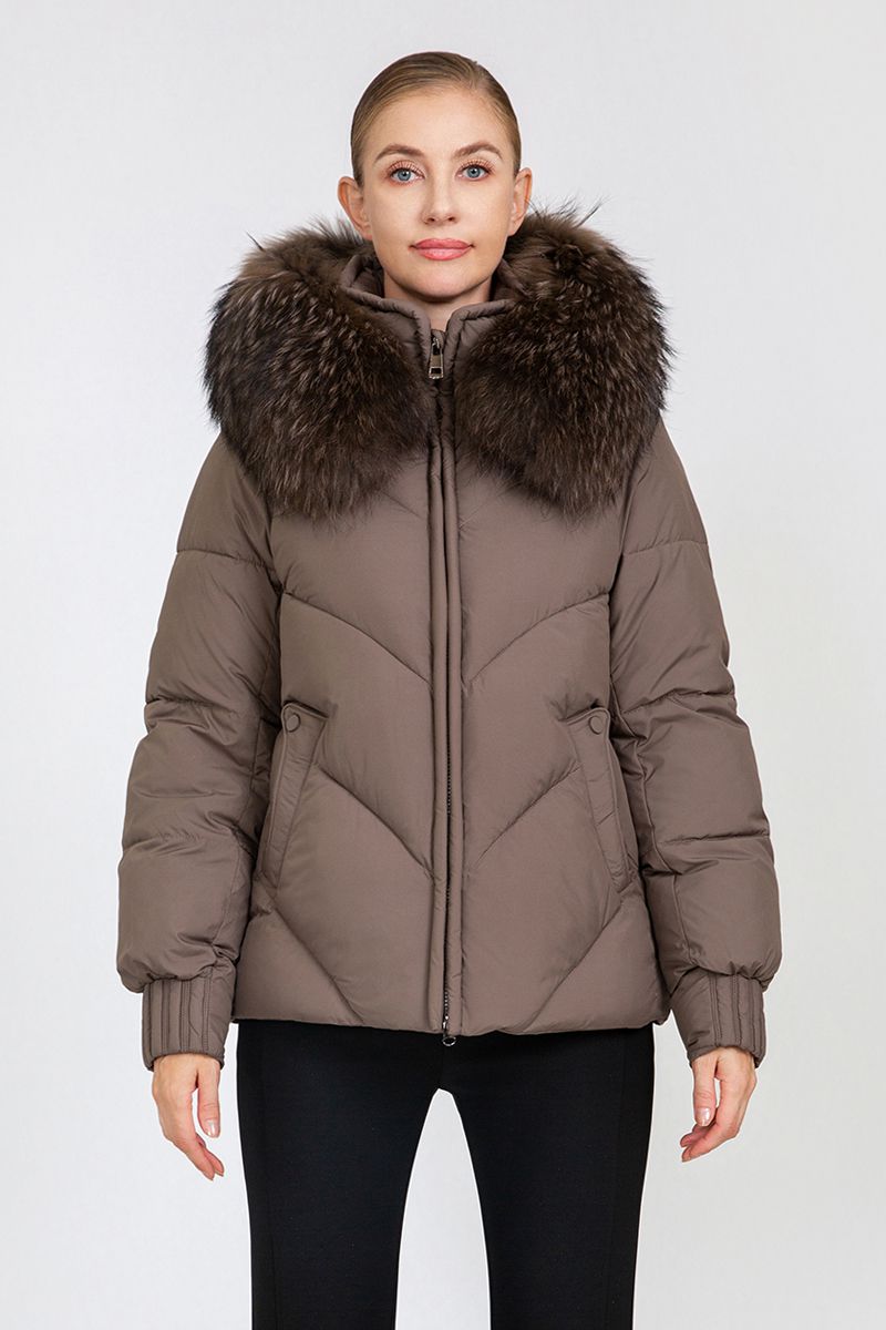 Women's Chevron-Quilted Short Padded Jacket with Removable Fur Collar