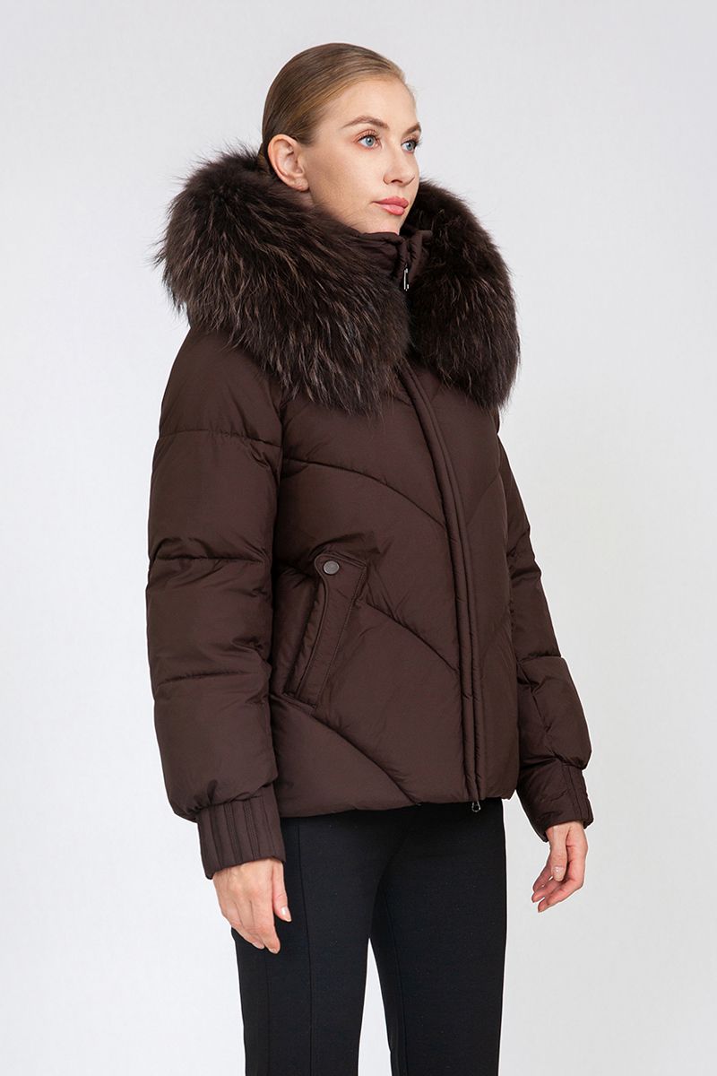 Women's Chevron-Quilted Short Padded Jacket with Removable Fur Collar