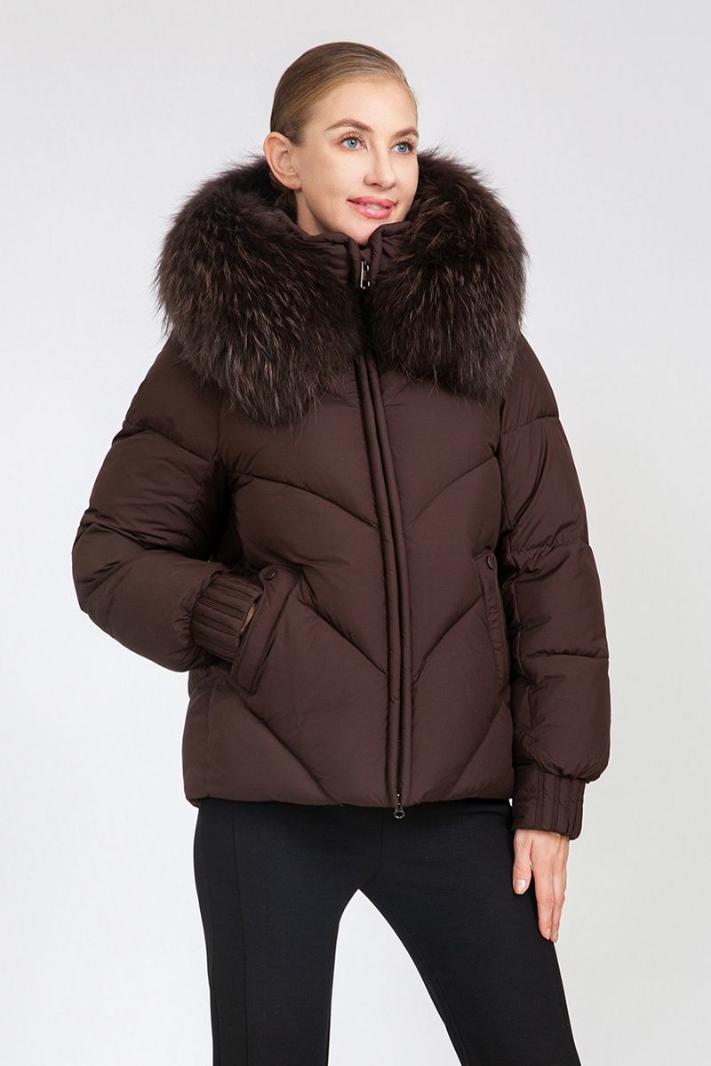 Women's Chevron-Quilted Short Padded Jacket with Removable Fur Collar