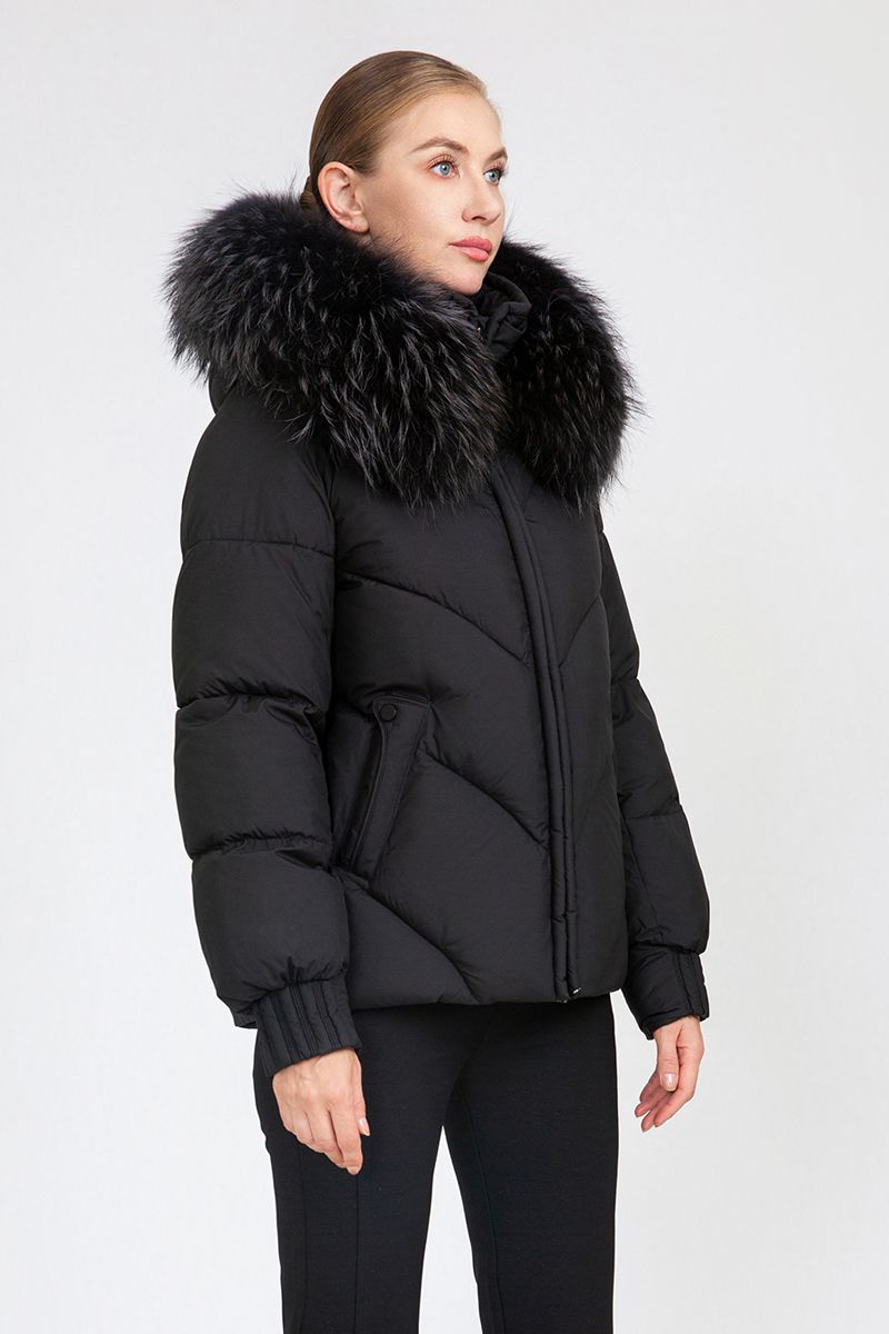 Women's Chevron-Quilted Short Padded Jacket with Removable Fur Collar