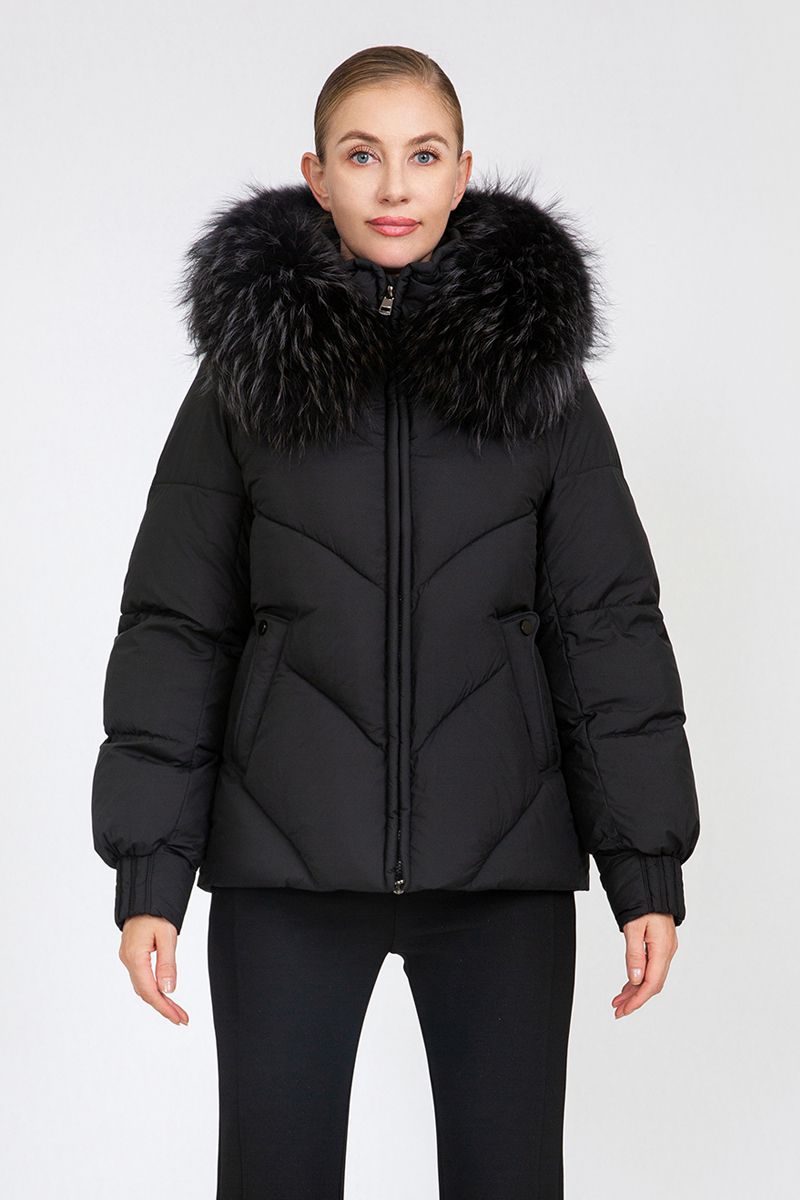 Women's Chevron-Quilted Short Padded Jacket with Removable Fur Collar