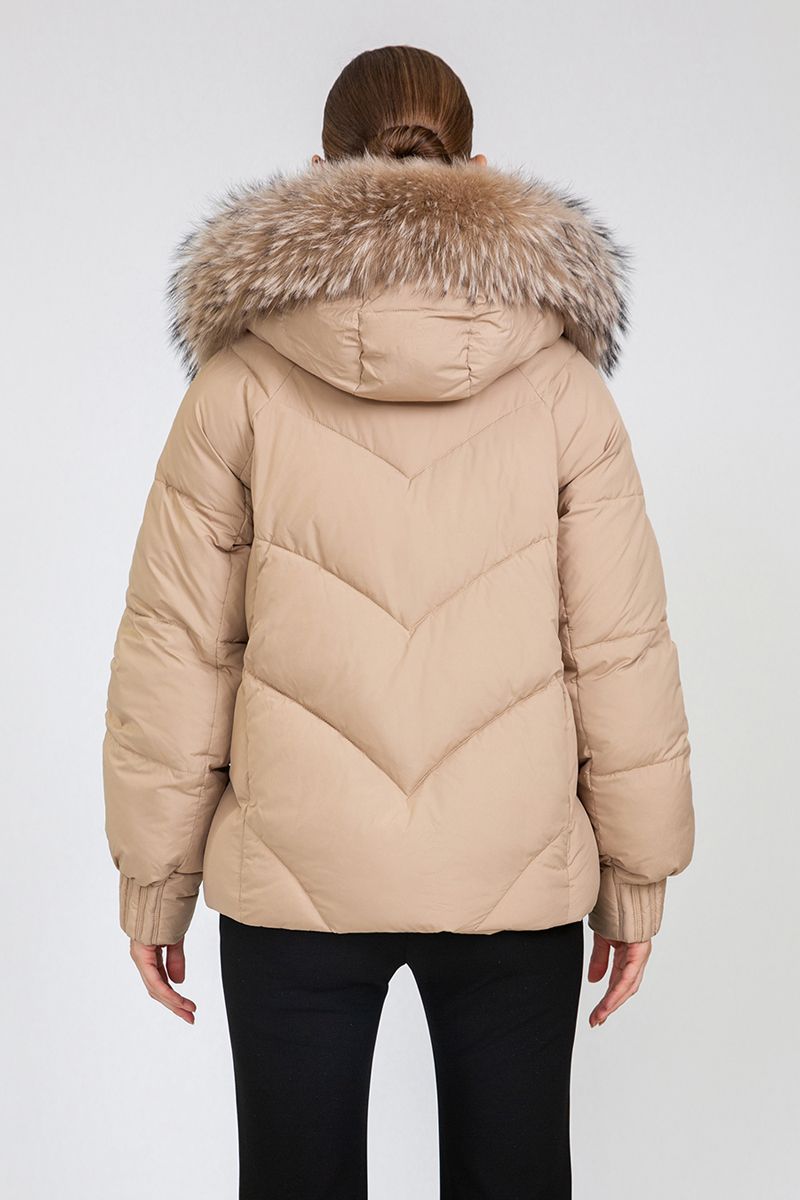 Women's Chevron-Quilted Short Padded Jacket with Removable Fur Collar