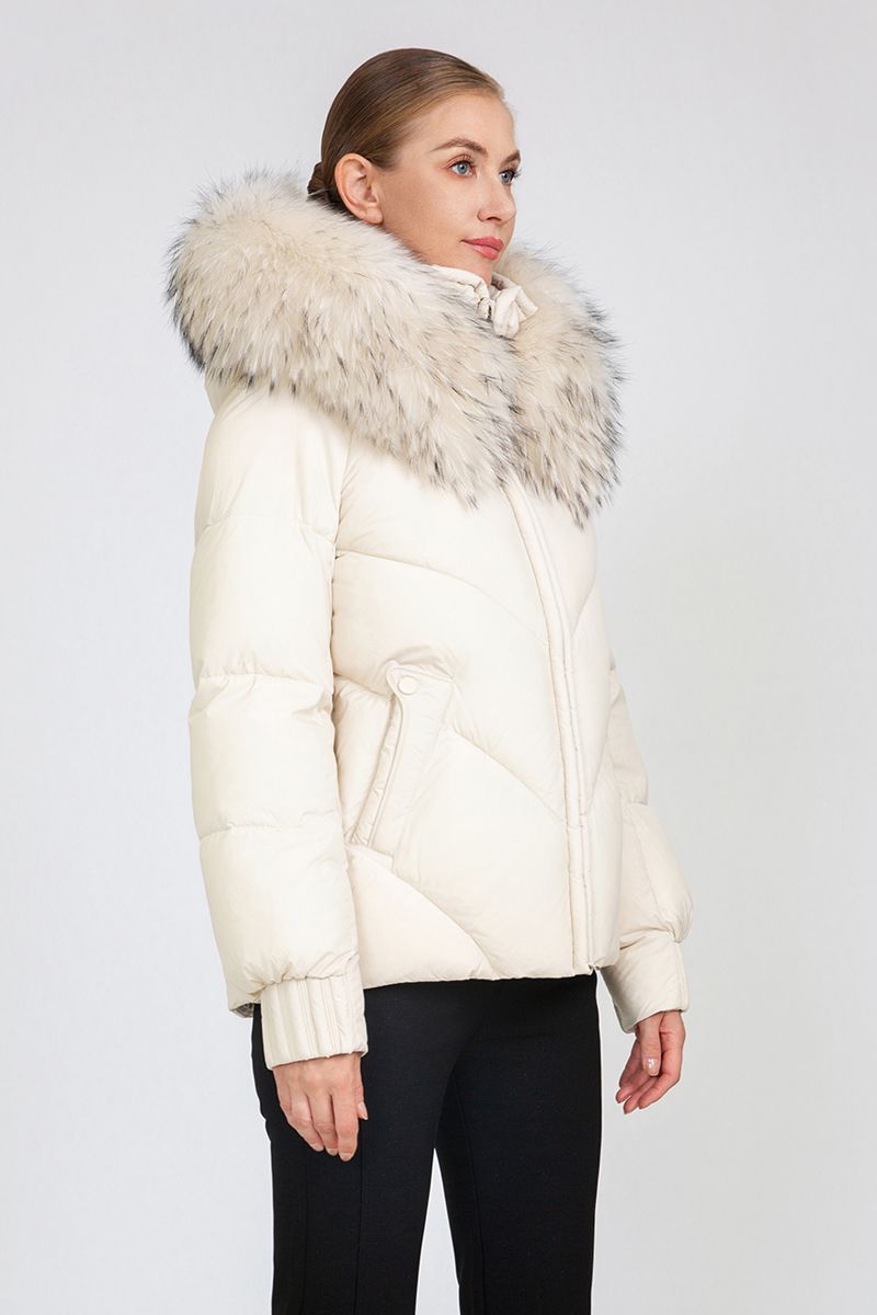 Women's Chevron-Quilted Short Padded Jacket with Removable Fur Collar