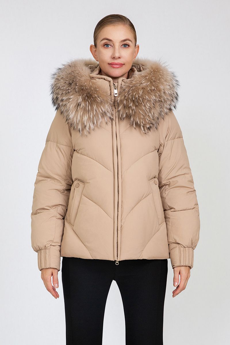 Women's Chevron-Quilted Short Padded Jacket with Removable Fur Collar