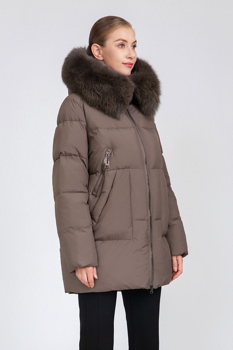 Women's Mid-Length Puffer Coat with Detachable Fur Collar