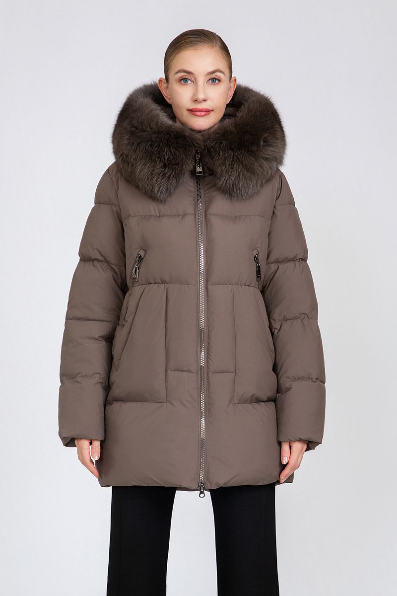 Women's Mid-Length Puffer Coat with Detachable Fur Collar