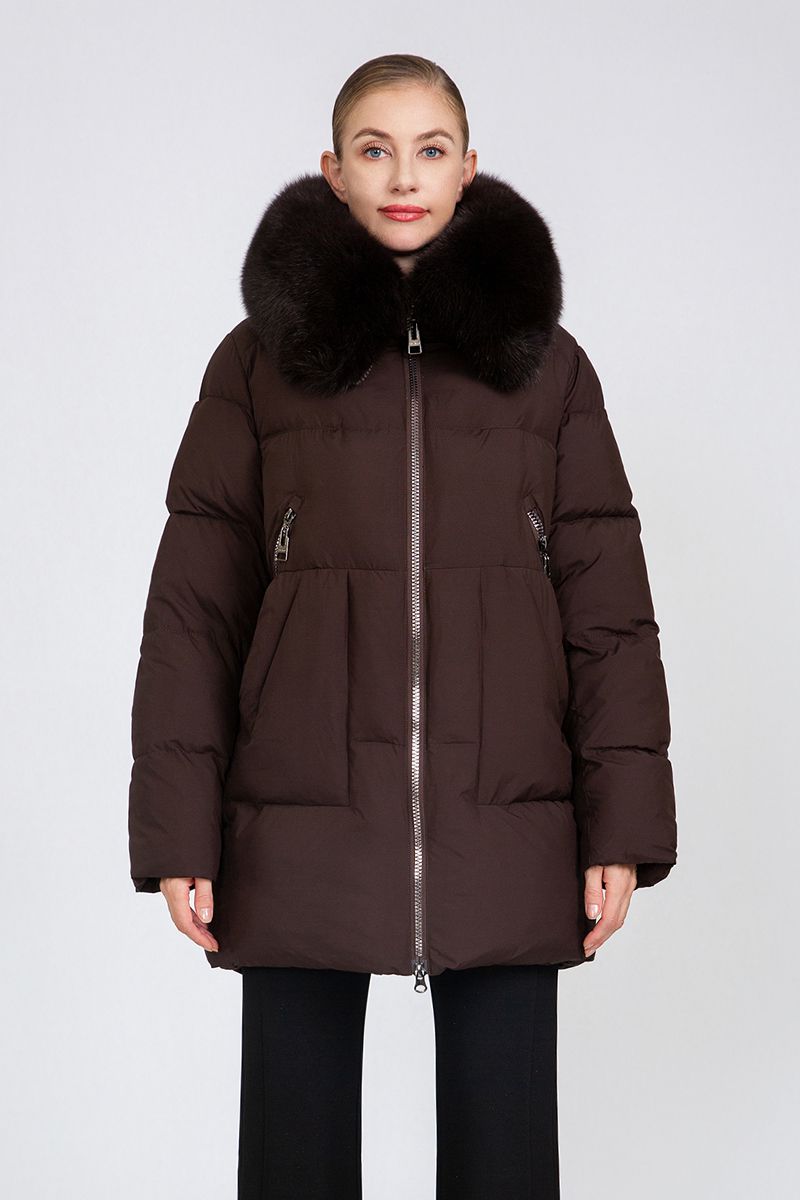 Women's Mid-Length Puffer Coat with Detachable Fur Collar