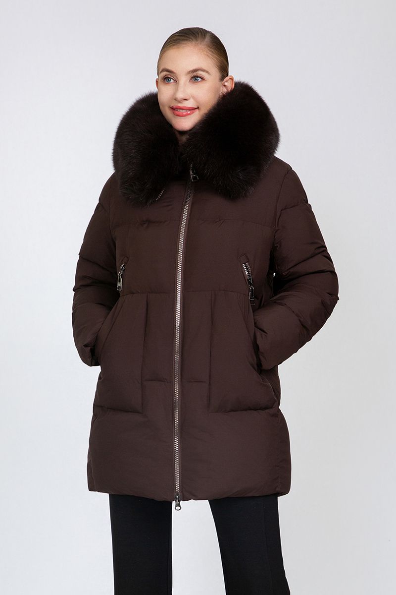 Women's Mid-Length Puffer Coat with Detachable Fur Collar