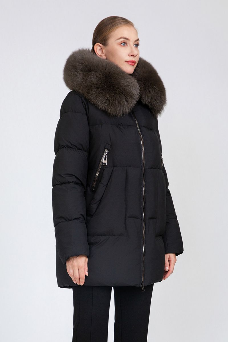 Women's Mid-Length Puffer Coat with Detachable Fur Collar