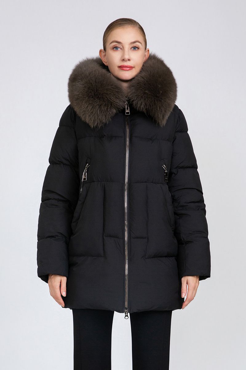 Women's Mid-Length Puffer Coat with Detachable Fur Collar