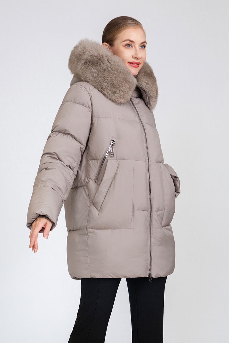 Women's Mid-Length Puffer Coat with Detachable Fur Collar