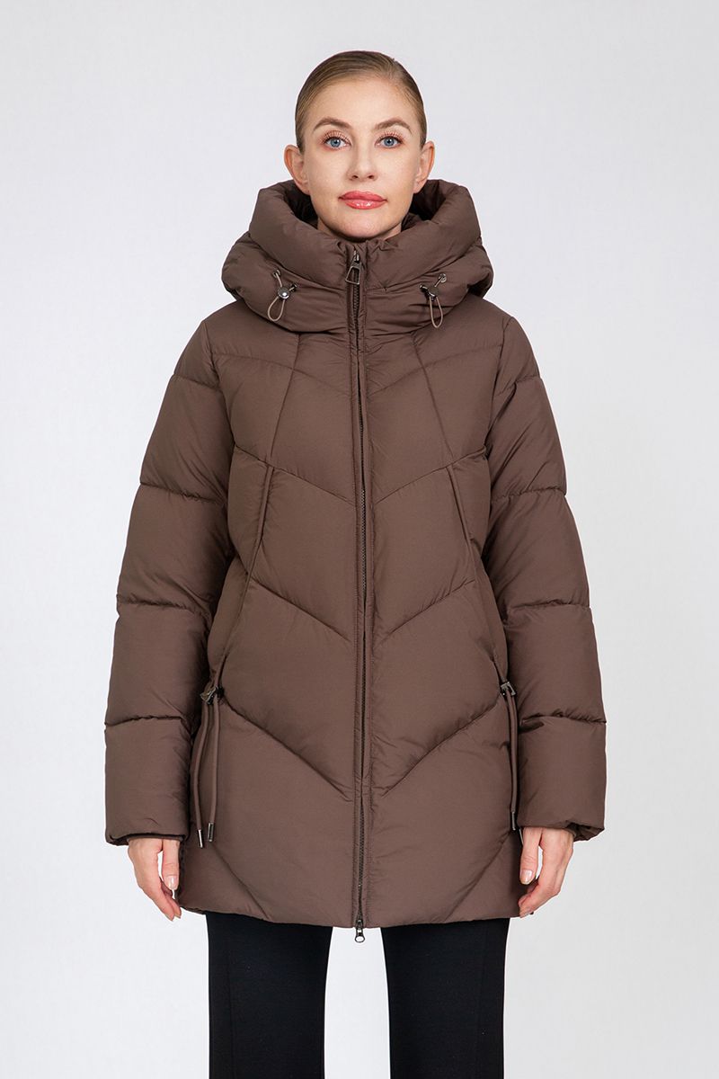 Women's Chevron-Quilted Mid-Length Puffer Coat with Adjustable Hood