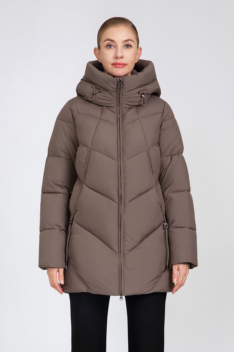 Women's Chevron-Quilted Mid-Length Puffer Coat with Adjustable Hood