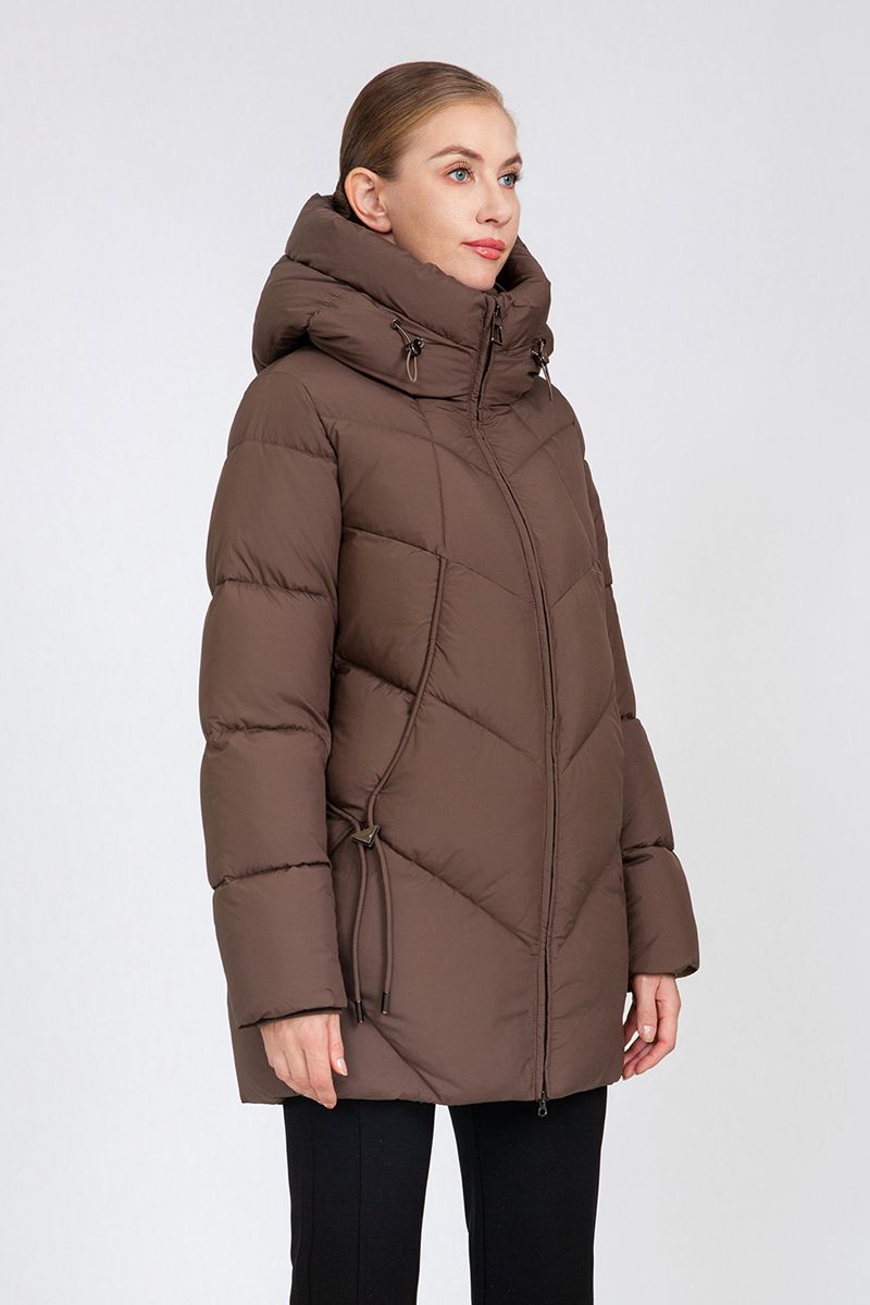 Women's Chevron-Quilted Mid-Length Puffer Coat with Adjustable Hood