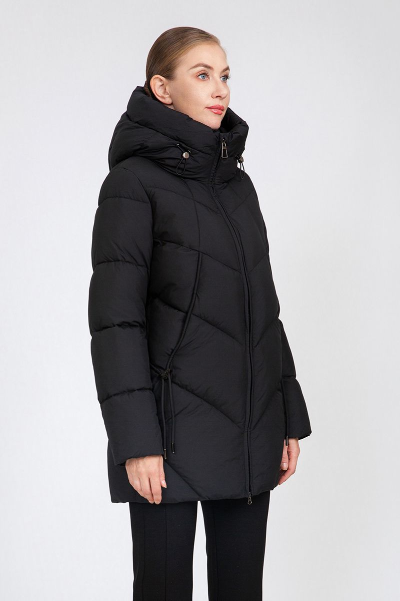 Women's Chevron-Quilted Mid-Length Puffer Coat with Adjustable Hood