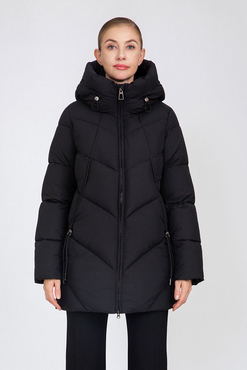 Women's Chevron-Quilted Mid-Length Puffer Coat with Adjustable Hood