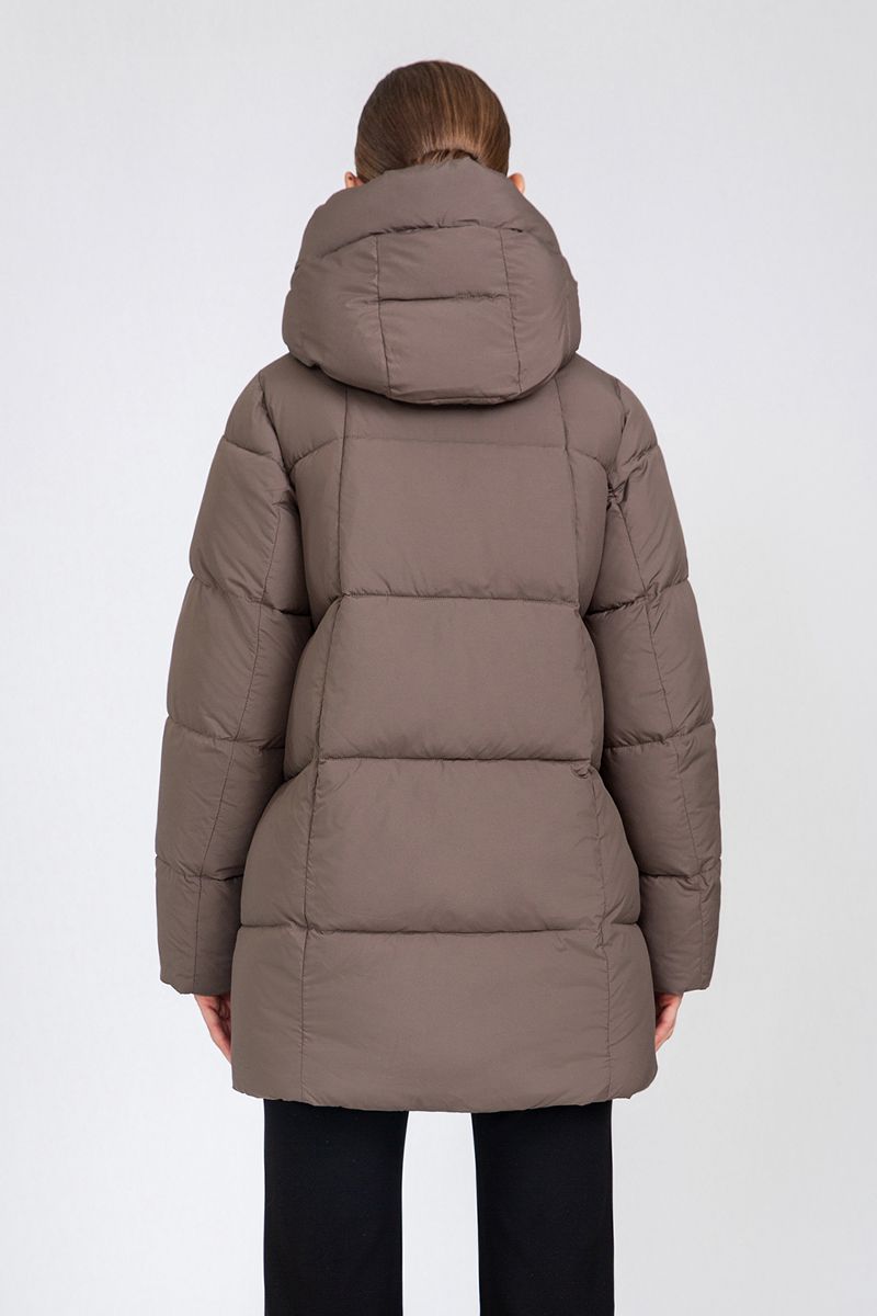 Women's Chevron-Quilted Mid-Length Puffer Coat with Adjustable Hood