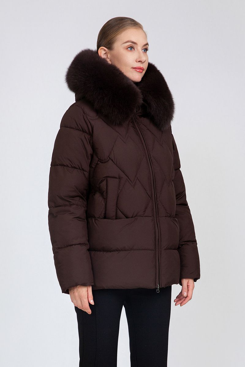 Women's Diamond-Quilted Puffer Jacket with Detachable Fox Fur Collar