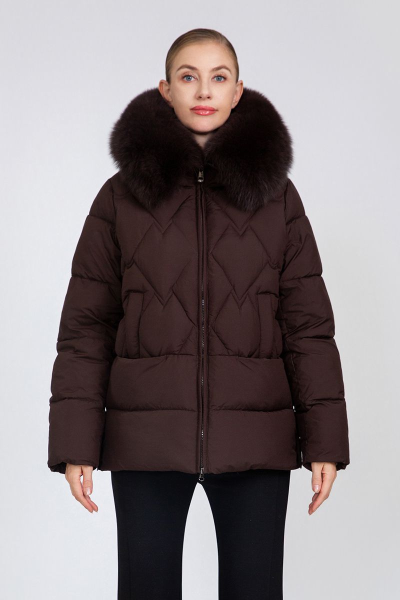 Women's Diamond-Quilted Puffer Jacket with Detachable Fox Fur Collar