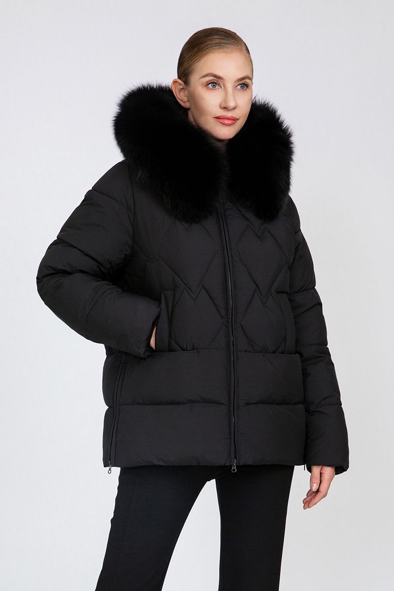 Women's Diamond-Quilted Puffer Jacket with Detachable Fox Fur Collar