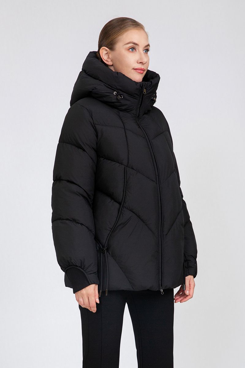 Women's Chevron-Quilted Cropped Puffer Jacket with Adjustable Hood & Waist