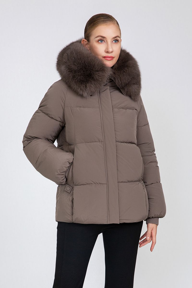 Women's Cropped Puffer Jacket with Detachable Fox Fur Collar