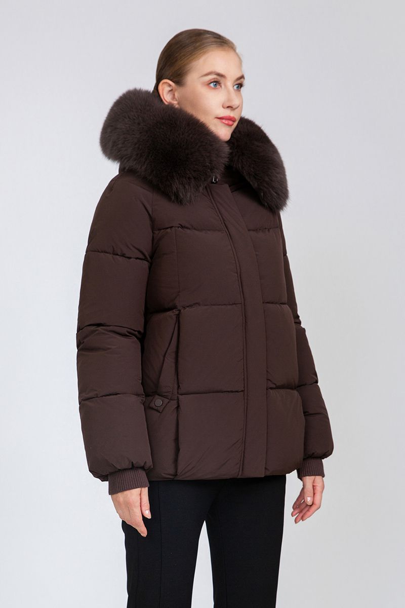 Women's Cropped Puffer Jacket with Detachable Fox Fur Collar