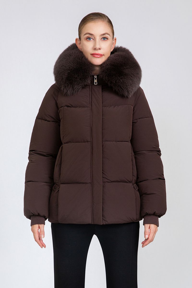 Women's Cropped Puffer Jacket with Detachable Fox Fur Collar