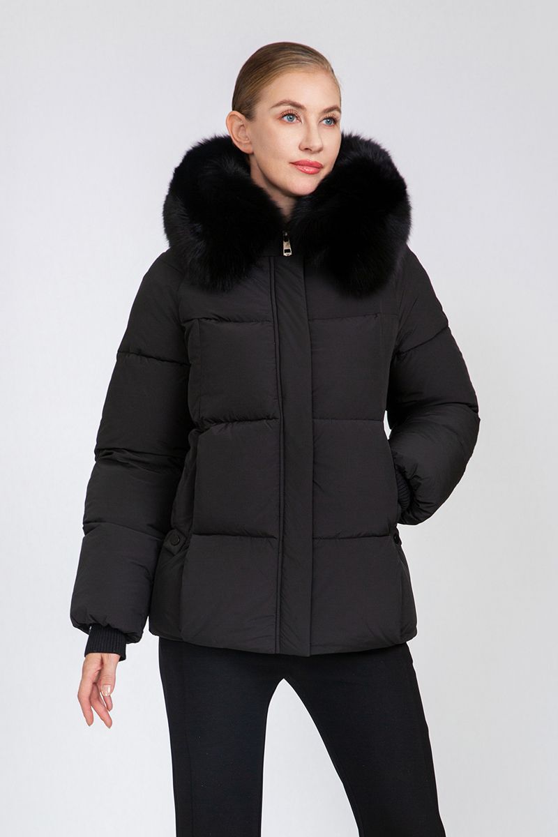 Women's Cropped Puffer Jacket with Detachable Fox Fur Collar