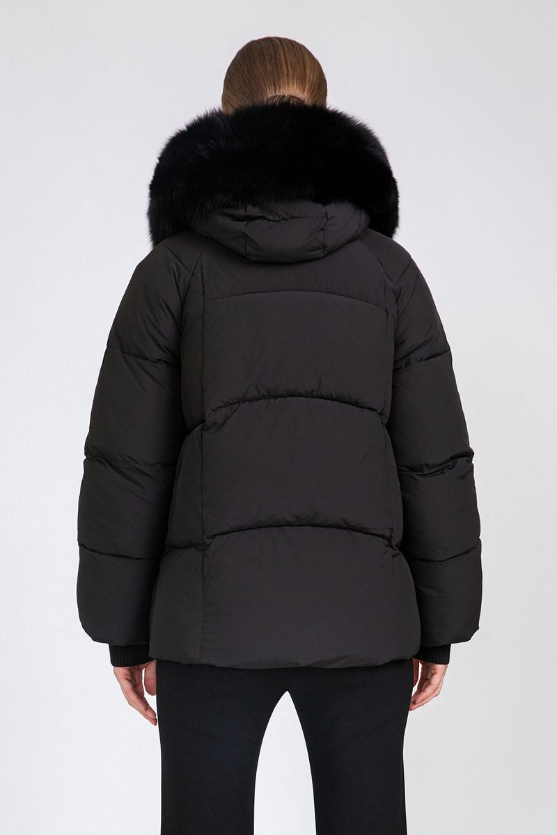 Women's Cropped Puffer Jacket with Detachable Fox Fur Collar