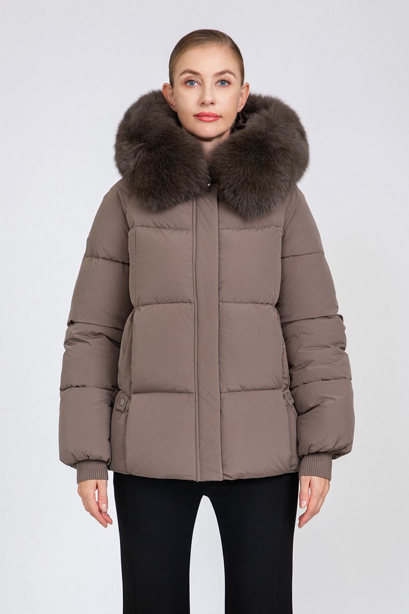 Women's Cropped Puffer Jacket with Detachable Fox Fur Collar